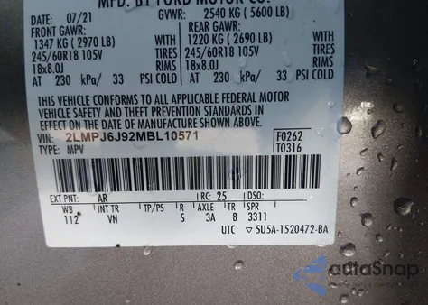 2021 Lincoln Nautilus Standard z USA, uszkodzony, nr VIN 2LMPJ6J92MBL10571